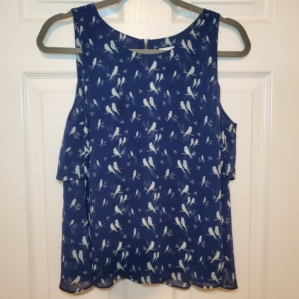 CAbi Blue Bird Printed Chirp Sleeveless Blouse/Top -Style #3447 - Sz S